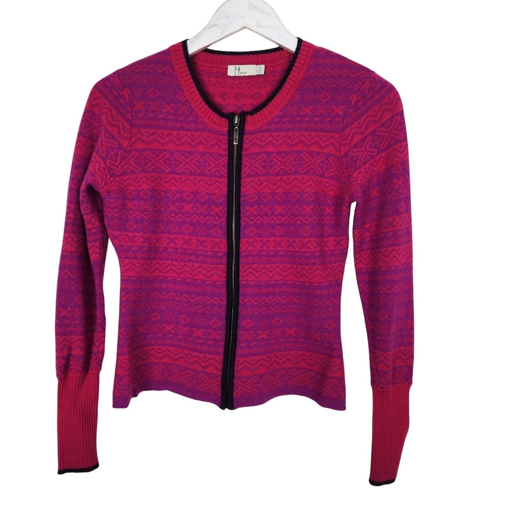 NEVE‎ Cardigan Sweater Womens Small Pink Fair Isle Wool Full Zip Ski Knit
